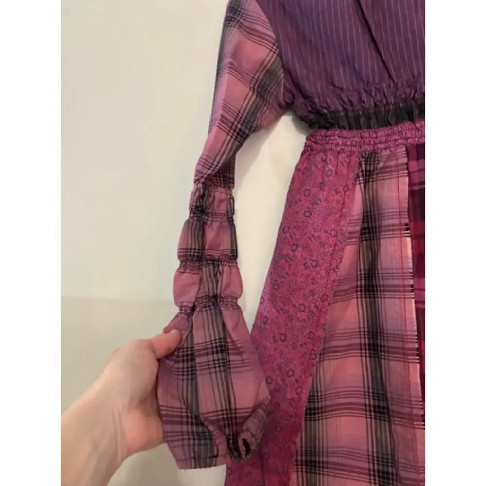 Desigual Patchwork Dress Girls Size 9 - 10 Plaid Bubble Hem Long Sleeve Boho